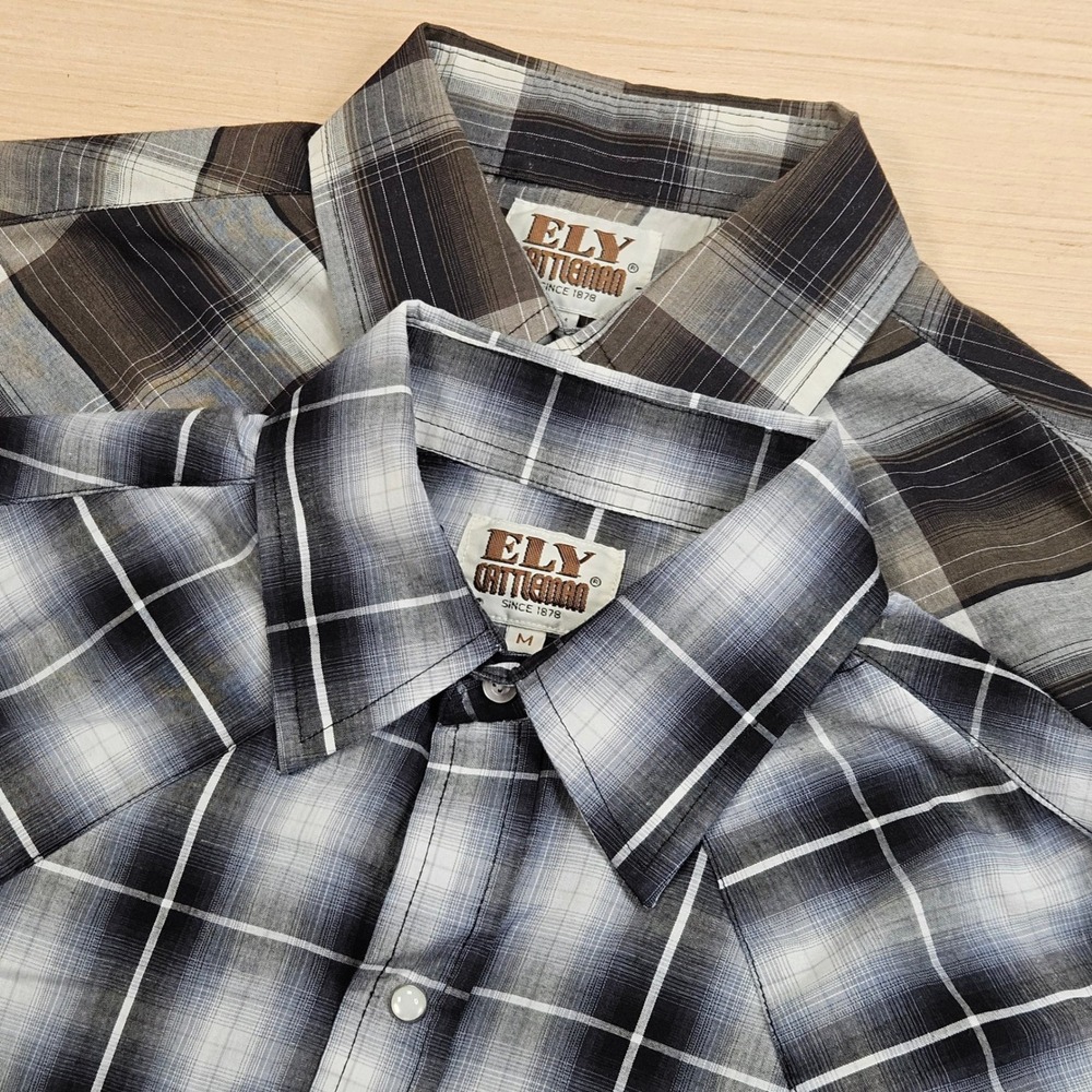 Ely Cattleman Western Pearl Snap Shirt Men M Brown Gray Plaid Cowboy Lot of 2